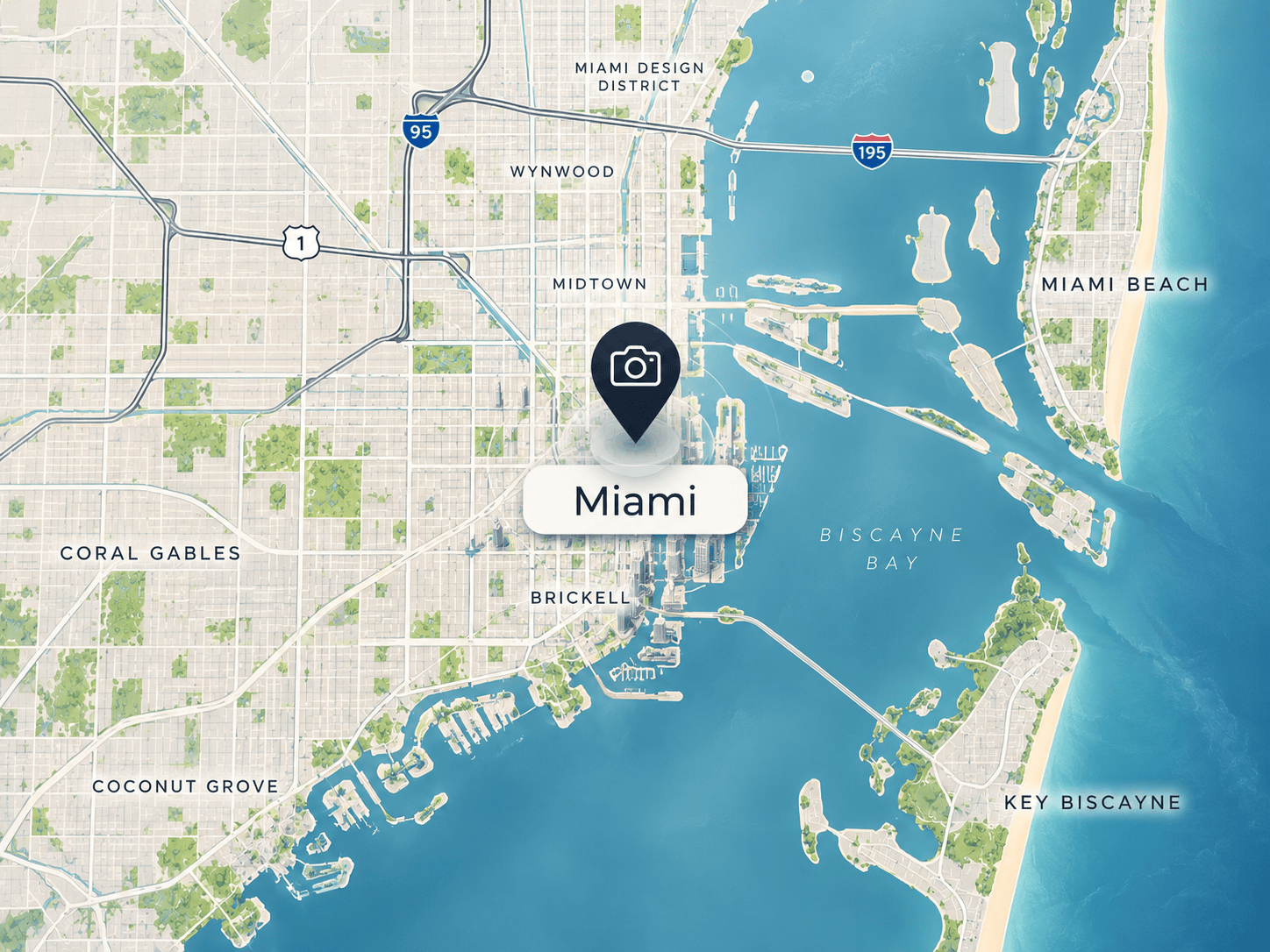Map of Miami showing Brickell, Coral Gables, Coconut Grove and Miami Beach